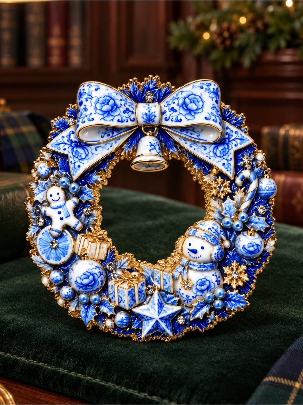 Christmas Blue Wreath Gold Brooch